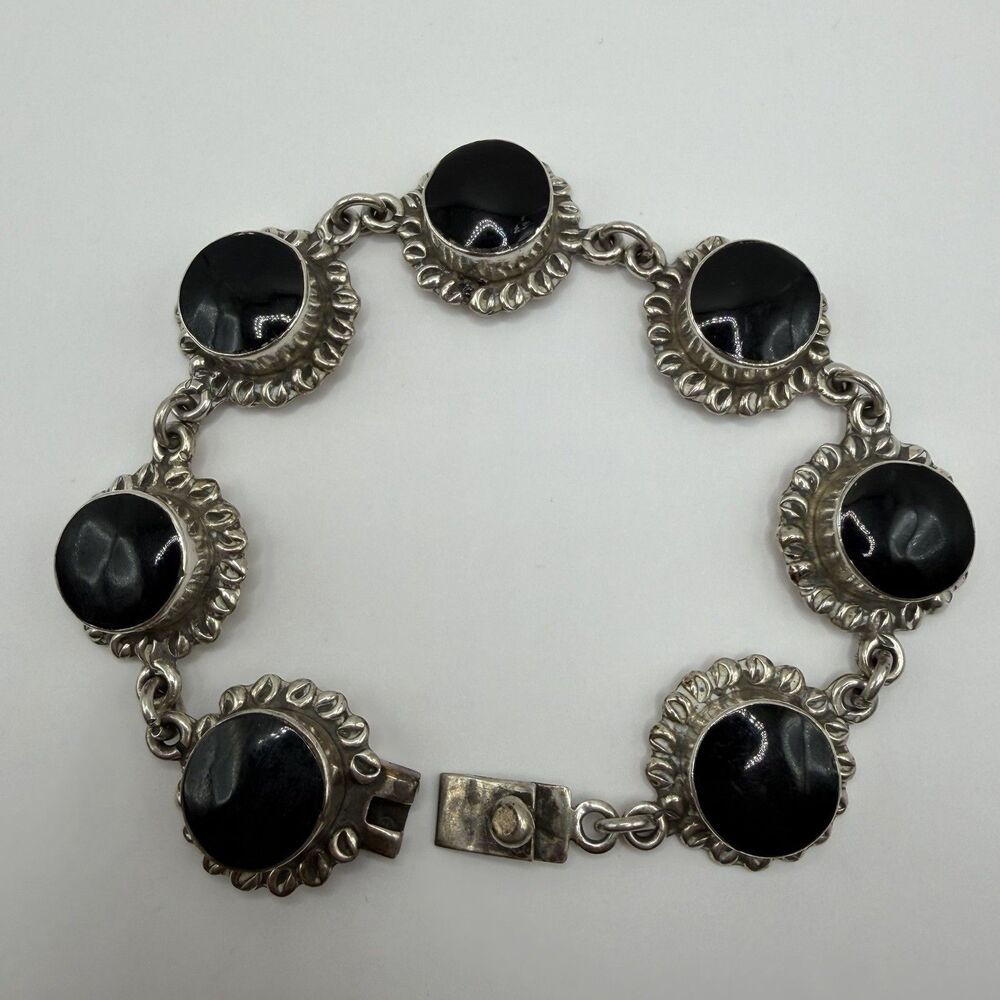 925 Sterling Silver Black Onyx Cabochon Link Bracelet 8" 45.5g
